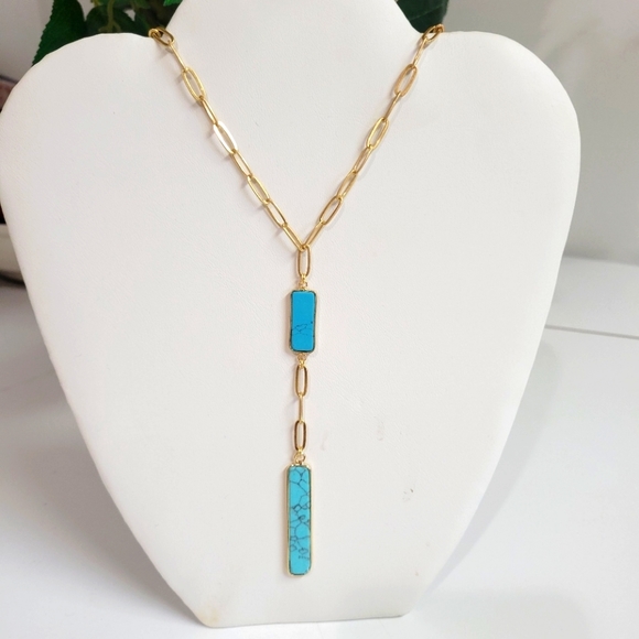 Sale GORGEOUS GOLD TURQUOISE PAPERCLIP LARIAT NECKLACE - Picture 1 of 5